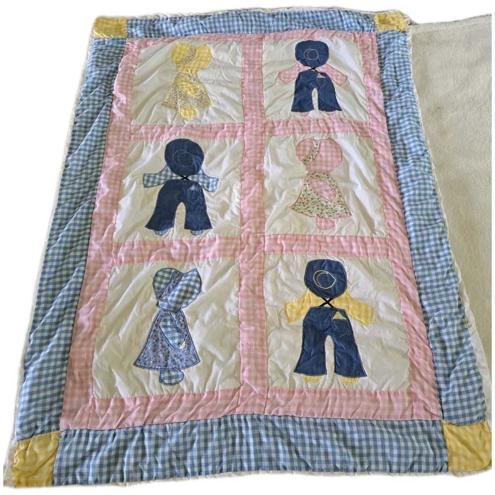 Vintage Handmade Sunbonnet Sue and Overall Bill Baby Quilt Stains Cutter 33x46"
